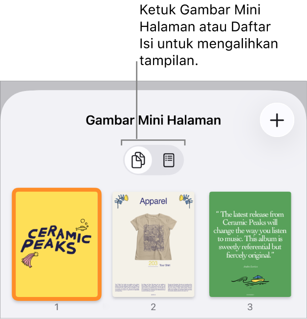 Tampilan Gambar Mini Halaman dengan gambar mini halaman dari tiap halaman. Tombol Gambar Mini Halaman dan Daftar Isi terdapat di bagian bawah layar.