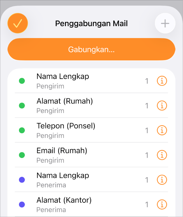 Contoh bidang gabungan yang tercantum di menu Penggabungan Mail.