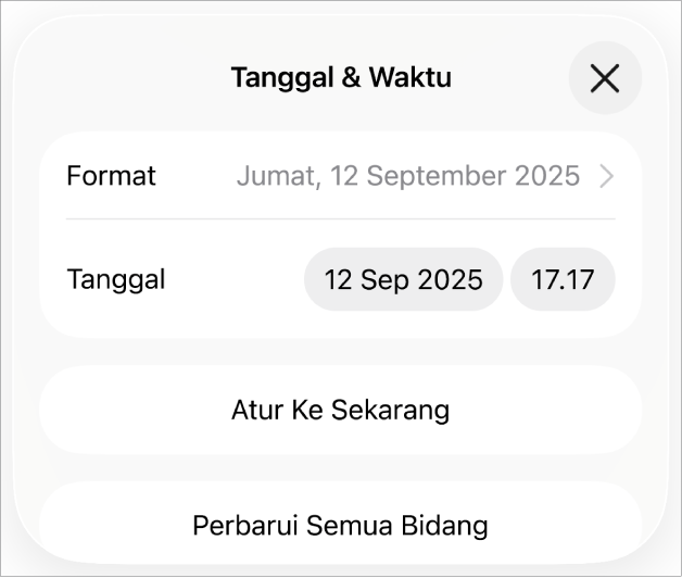 Kontrol Tanggal & Waktu menampilkan menu pop-up untuk Format tanggal, dan tombol Atur ke Sekarang serta Perbarui Semua Bidang.
