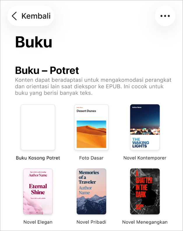 Pemilih template dengan template buku dalam orientasi potret di bagian atas dan orientasi lanskap di bagian bawah.