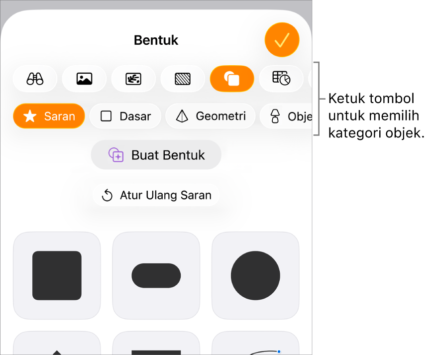 Kontrol untuk menambahkan objek, dengan tombol di bagian atas untuk memilih tabel, bagan, dan bentuk (termasuk baris dan kotak teks), dan media.