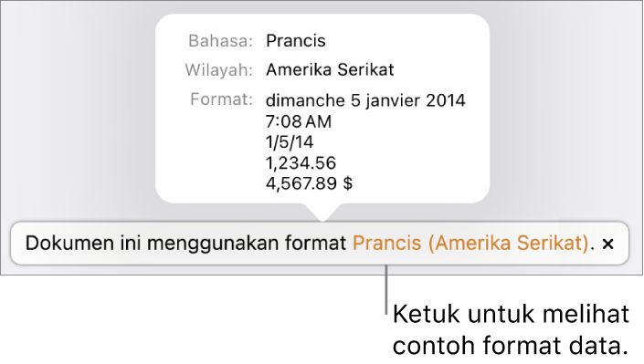 Pemberitahuan pengaturan bahasa dan wilayah yang berbeda, menunjukkan contoh format dalam bahasa dan wilayah tersebut.