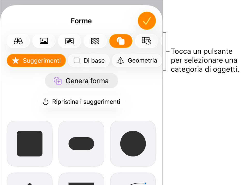 Controlli per l’aggiunta di un oggetto, con i pulsanti nella parte superiore per scegliere tabelle, grafici, forme (comprese linee e caselle di testo) e file multimediali.