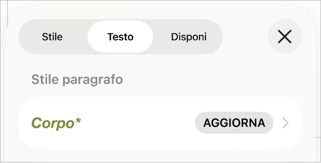 Lo stile paragrafo Corpo con accanto un asterisco.