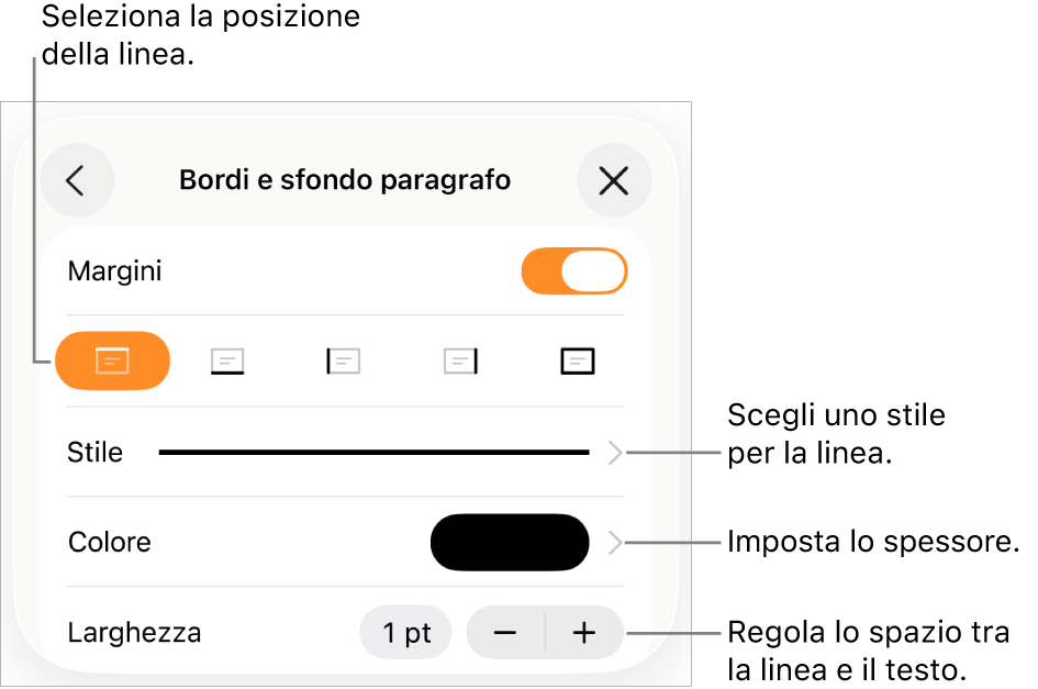 Controlli per modificare lo stile, lo spessore, la posizione e il colore della linea.