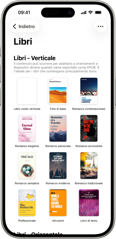 “Scelta modelli” con modelli per libri con orientamento verticale nella parte superiore e con orientamento orizzontale nella parte inferiore.