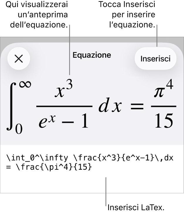 La finestra di dialogo Equazione con l’equazione scritta tramite comandi LaTeX e un’anteprima della formula di cui sopra.