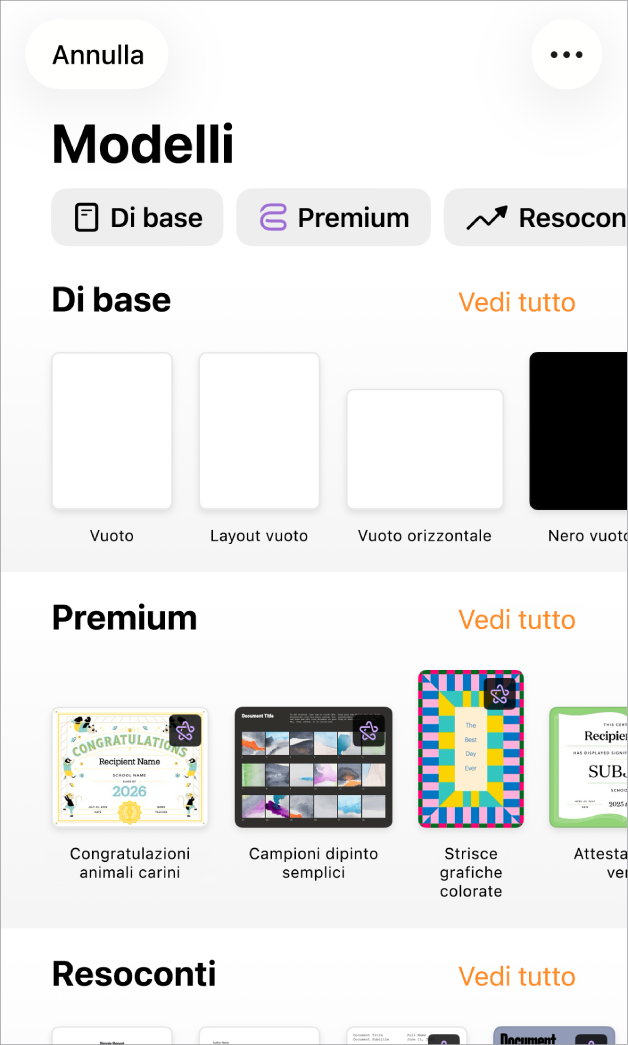 “Scelta modelli”, in cui è visibile una riga di categorie nella parte superiore dello schermo che puoi toccare per filtrare le opzioni. Sotto ci sono delle miniature di modelli con design predefinito disposti in riga per categoria, a partire da Nuovo in cima e seguiti da Recenti e “Di base”. Viene visualizzato un pulsante “Vedi tutto” in alto e a destra di ciascuna riga della categoria. Il pulsante relativo a lingua e zona si trova nell’angolo superiore destro.