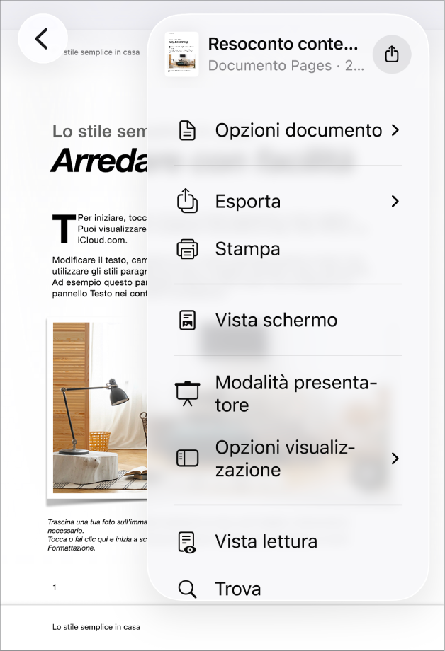 Appare il menu Condividi, con le opzioni di invio in alto e le opzioni Copia, Esporta e invia, Stampa, Nuova nota rapida, Aggiungi tag e Salva nei file in basso.