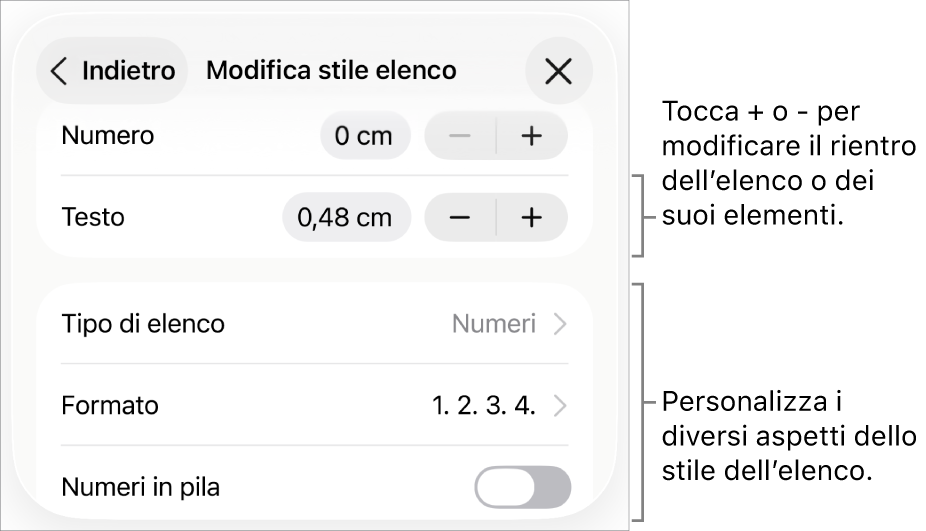 Il menu “Modifica stili elenco” con i controlli per la spaziatura dei rientri, i diversi tipi di elenchi e formati, i numeri in pila e le opzioni per “Spaziatura linea”.