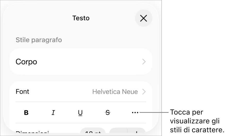 I controlli di Formattazione con i pulsanti Grassetto, Corsivo, Sottolineato, Barrato e “Altre opzioni di testo”.