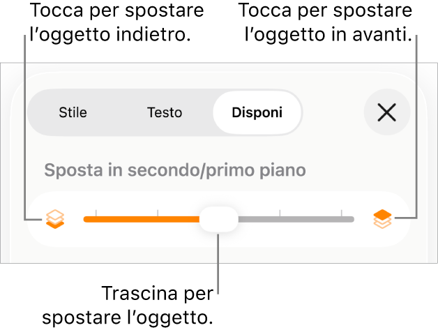 Pulsante sposta indietro, pulsante sposta avanti e cursore livelli.