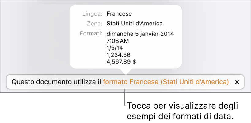 La notifica della diversa impostazione di lingua e zona, con esempi dei formati.