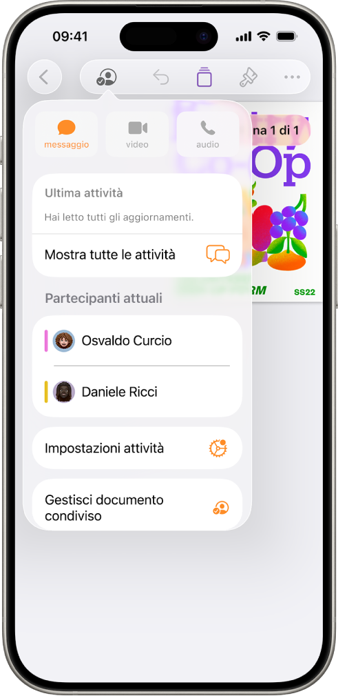 Il menu di collaborazione che mostra i nomi delle persone che stanno collaborando al documento.