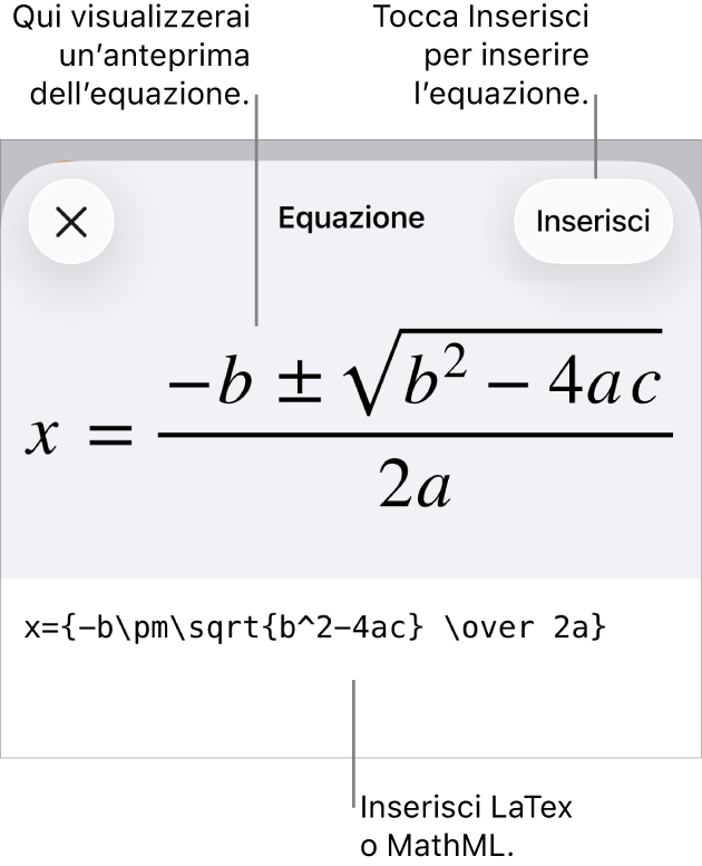 La finestra di dialogo Equazione che mostra l’equazione scritta tramite comandi MathML e un’anteprima della formula di cui sopra.