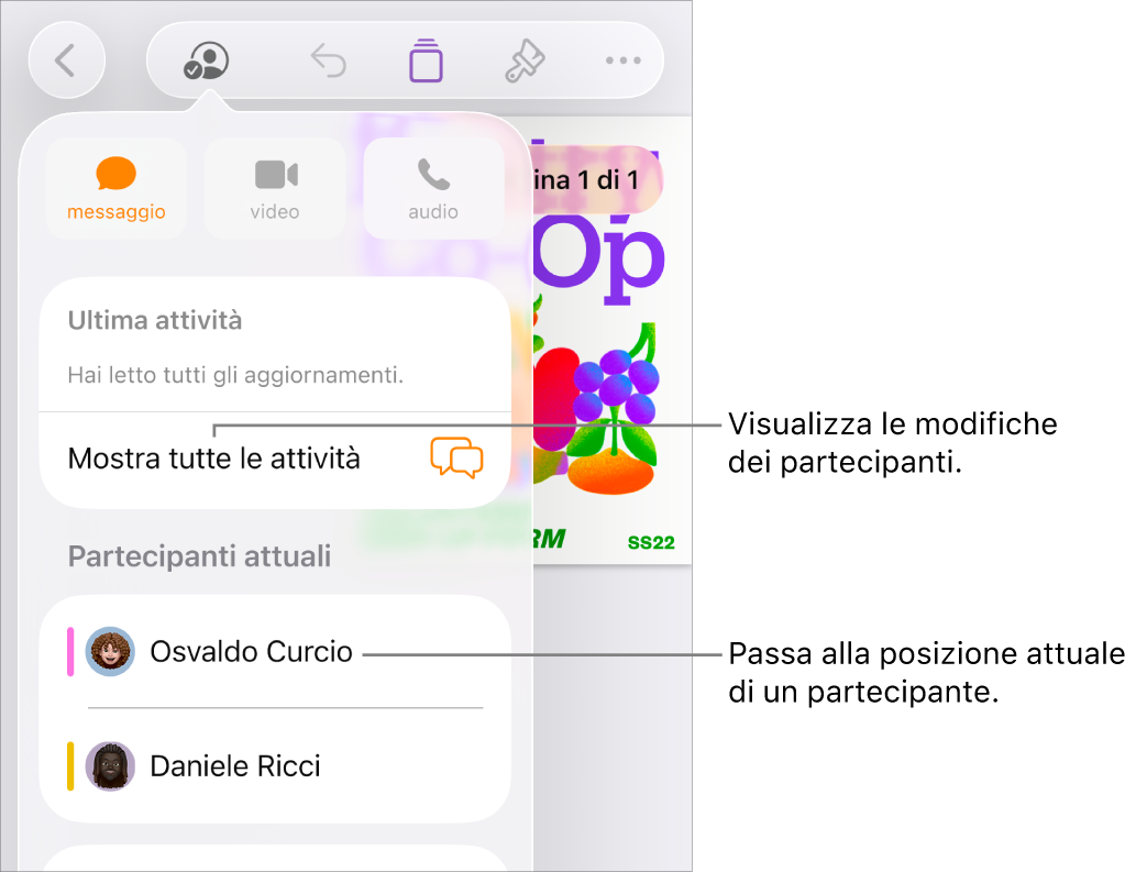 Il menu per la collaborazione i partecipanti attuali elencati.