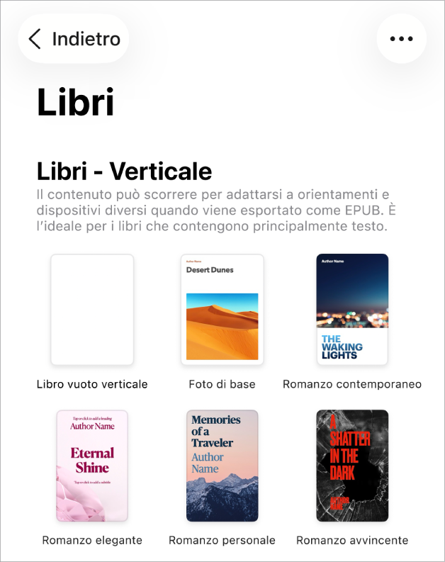 “Scelta modelli” con modelli per libri con orientamento verticale nella parte superiore e con orientamento orizzontale nella parte inferiore.