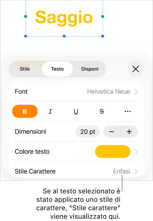 Controlli di Formato con “Stile carattere” sotto i controlli di Colore. Stile carattere Nessuno compare con un asterisco.
