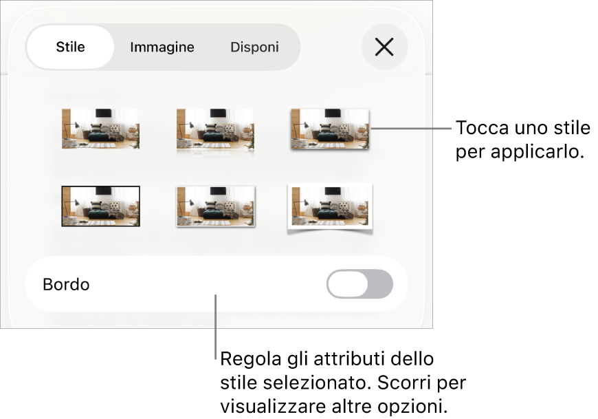 Pannello Stile del menu Formato con gli stili dell’oggetto in alto e un controllo sottostante per cambiare il bordo.