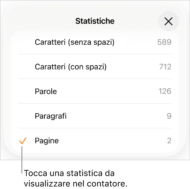Il menu Statistiche con le opzioni per visualizzare il numero di caratteri con e senza spazi, il conteggio delle parole, il conteggio dei paragrafi e il conteggio delle pagine.