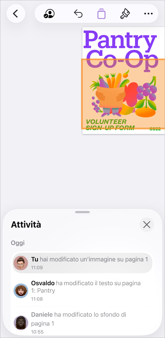 Il menu per la collaborazione i partecipanti attuali elencati.