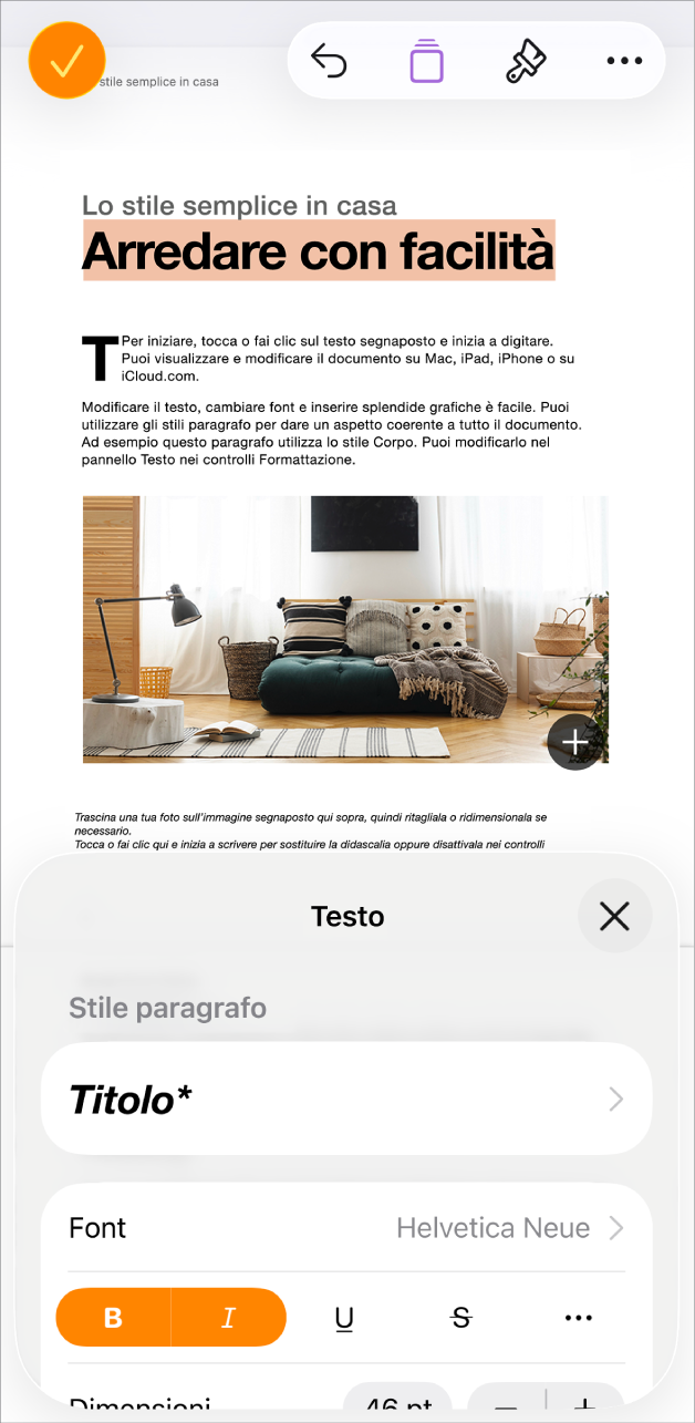 In un documento aperto, il testo viene selezionato e le opzioni di testo vengono visualizzate in basso.
