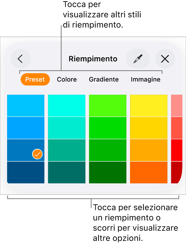 Opzioni di riempimento nel pannello Stile del pulsante Formato.