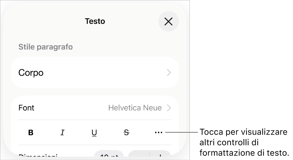 Il pannello Testo dei controlli di Formattazione con una didascalia per il pulsante “Altre opzioni di testo”.