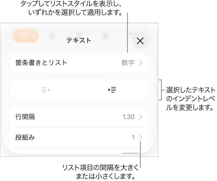 「箇条書きとリスト」のコールアウトが表示された「フォーマット」コントロールの「箇条書きとリスト」セクション。インデント解除ボタン、インデントボタン、行間隔コントロールが表示された状態。