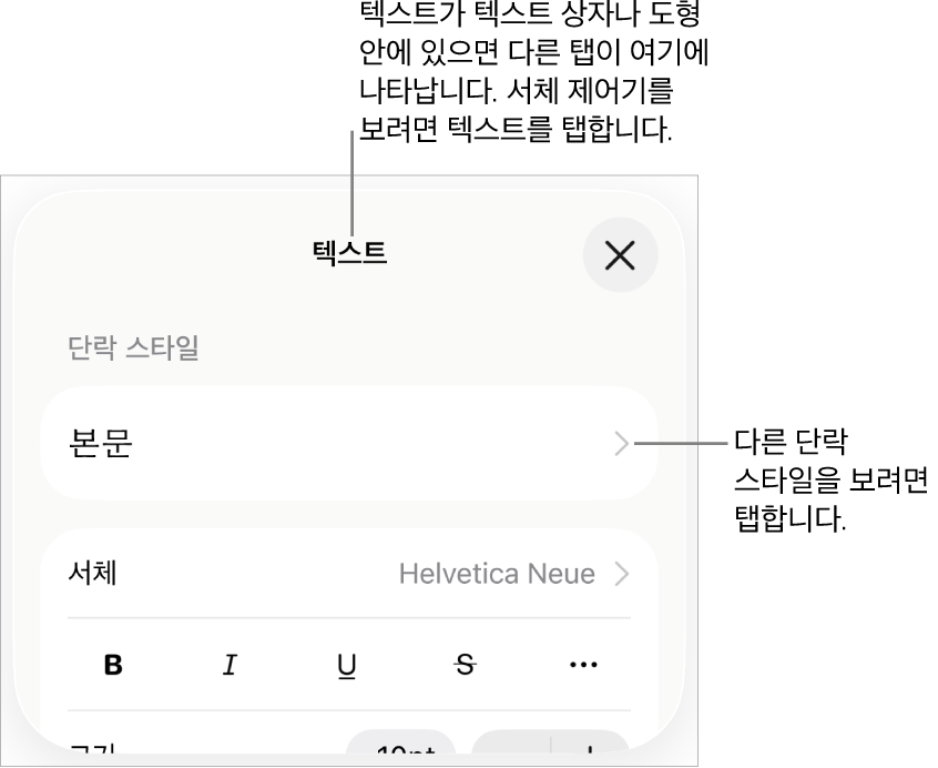 단락 및 문자 스타일, 서체, 크기 및 색상을 설정할 수 있는 텍스트 제어기를 표시하는 포맷 메뉴.