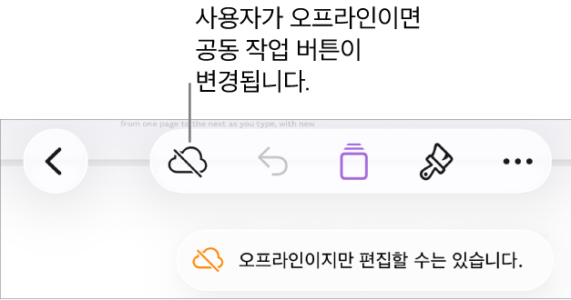 화면 상단의 버튼 중, 공동 작업 버튼이 대각선이 있는 구름으로 바뀜. ‘오프라인이지만 편집할 수는 있습니다.’라는 경고가 화면에 있음.