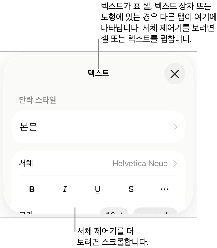 포맷 메뉴에 있는 단락, 문자 스타일, 서체, 크기 및 색상을 설정할 수 있는 텍스트 제어기.