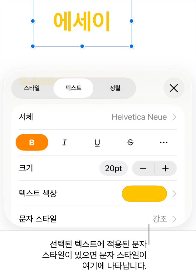 색상 제어기 아래 문자 스타일이 있는 텍스트 포맷 제어기. 문자 스타일 없음이 별표와 함께 표시됨.