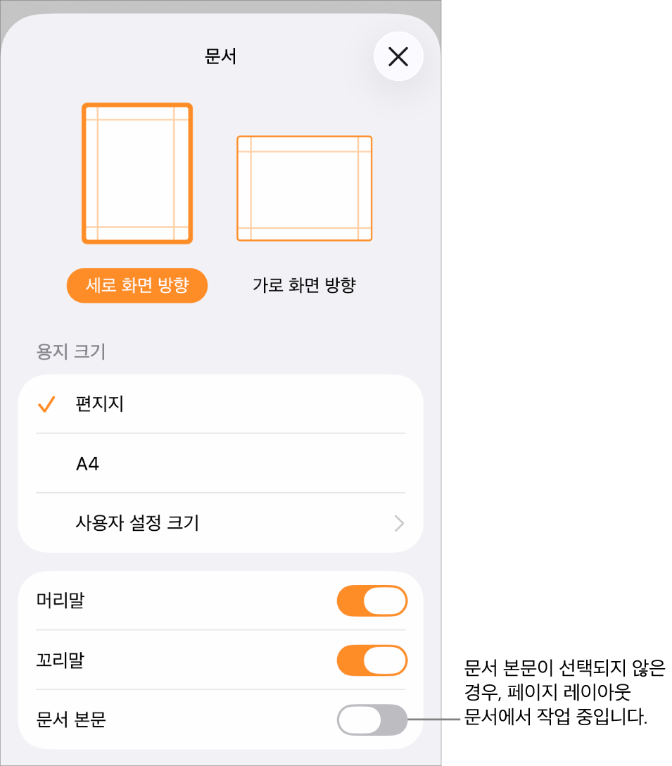 열린 문서 설정에서 문서 본문이 선택 해제된 페이지 레이아웃 문서.