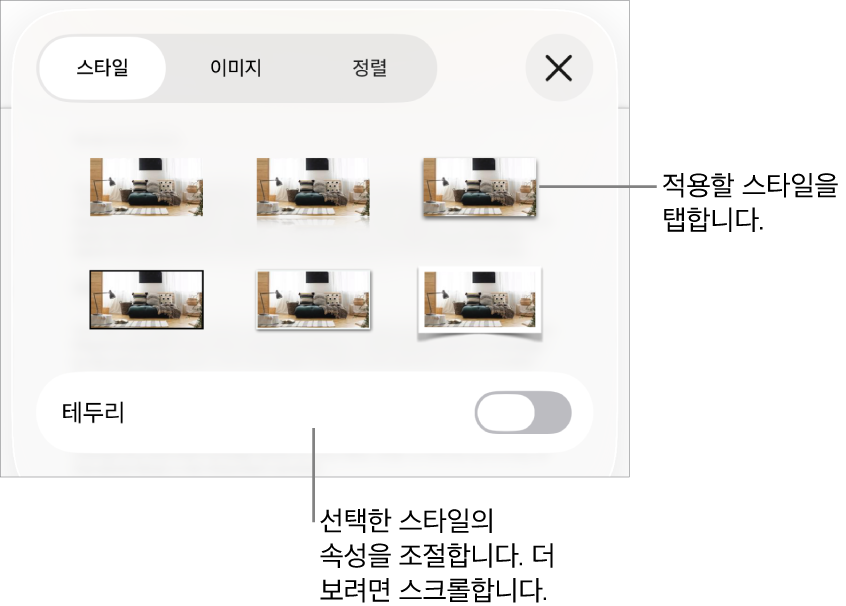 상단에는 대상체 스타일이 있고, 아래에는 테두리를 변경하는 제어기가 있는 포맷 메뉴의 스타일.
