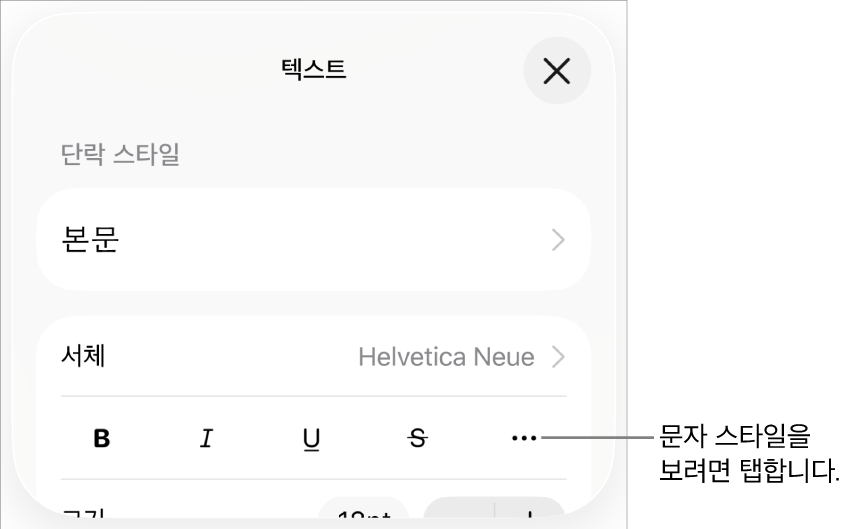볼드체, 이탤릭체, 밑줄체, 취소선 및 추가 텍스트 옵션 버튼이 있음.