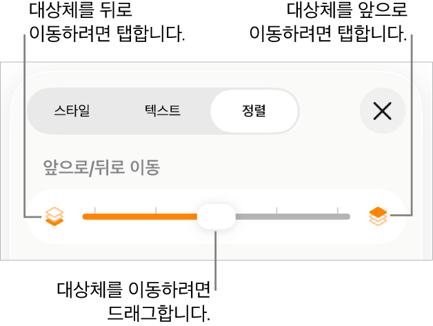 뒤로 이동 버튼, 앞으로 이동 버튼, 레이어 슬라이더.