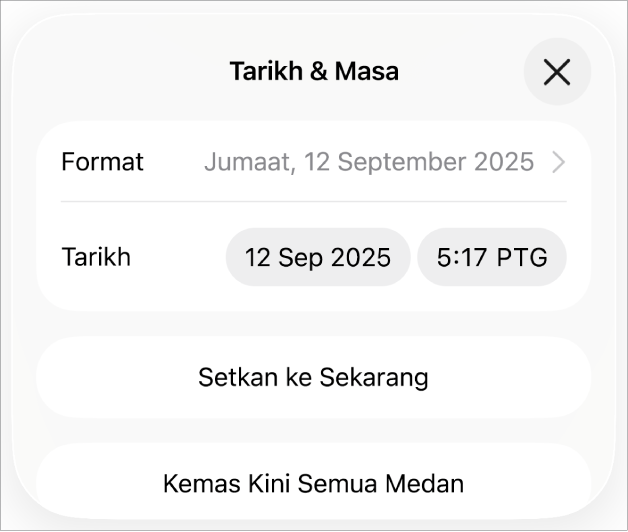 Kawalan Tarikh & Masa menunjukkan Format menu timbul untuk tarikh dan butang Setkan kepada Sekarang dan butang Kemas Kini Semua Medan.