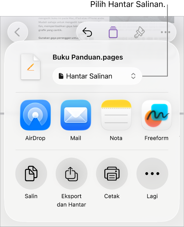 Menu Kongsi dengan Hantar Salinan dipilih di bahagian atas.