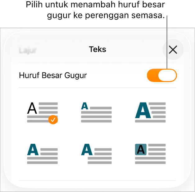 Kawalan Huruf Besar Gugur berada dalam menu Teks.