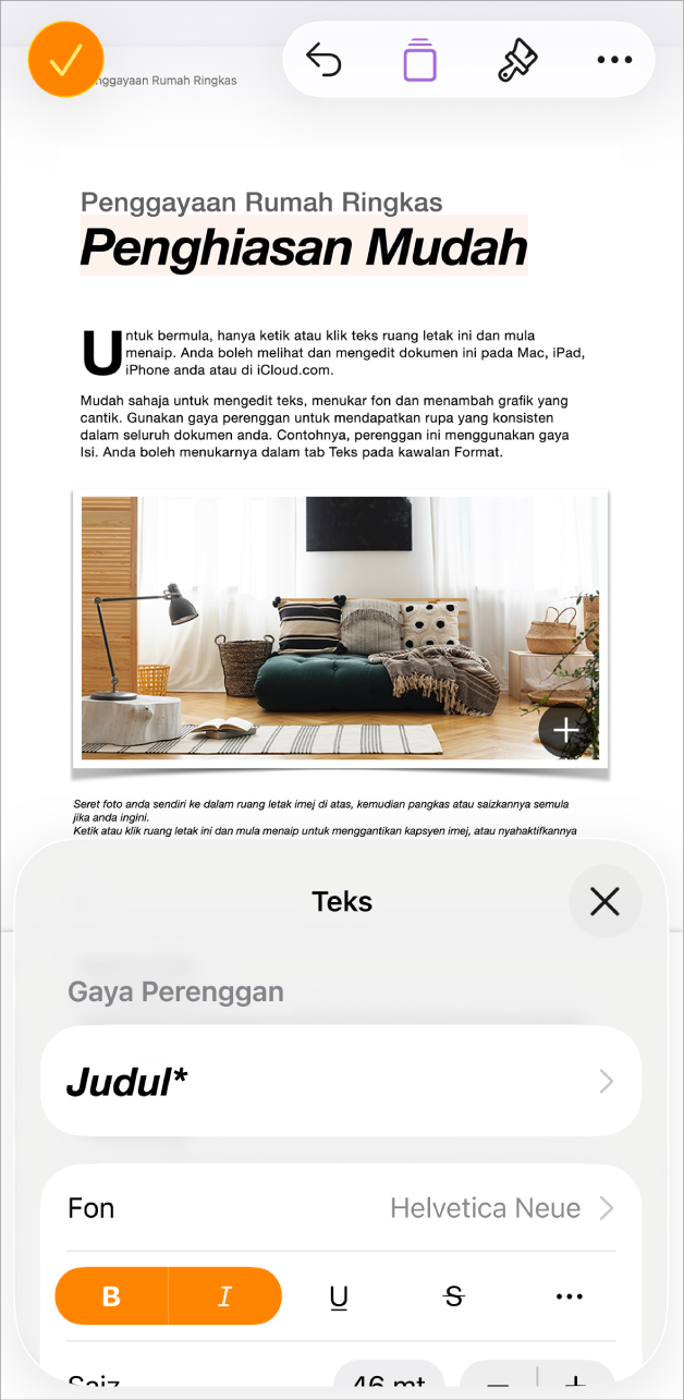 Dalam dokumen terbuka, teks dipilih dan pilihan teks dipaparkan di bahagian bawah.