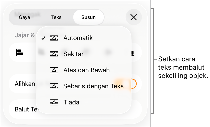 Kawalan Balut Teks dengan Seting untuk Automatik, Di Sekeliling, Atas dan Bawah, Sebaris dengan Teks dan Tiada.