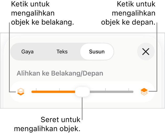 Butang Bergerak Ke Depan, butang Bergerak Ke Belakang dan gelangsar lapisan.