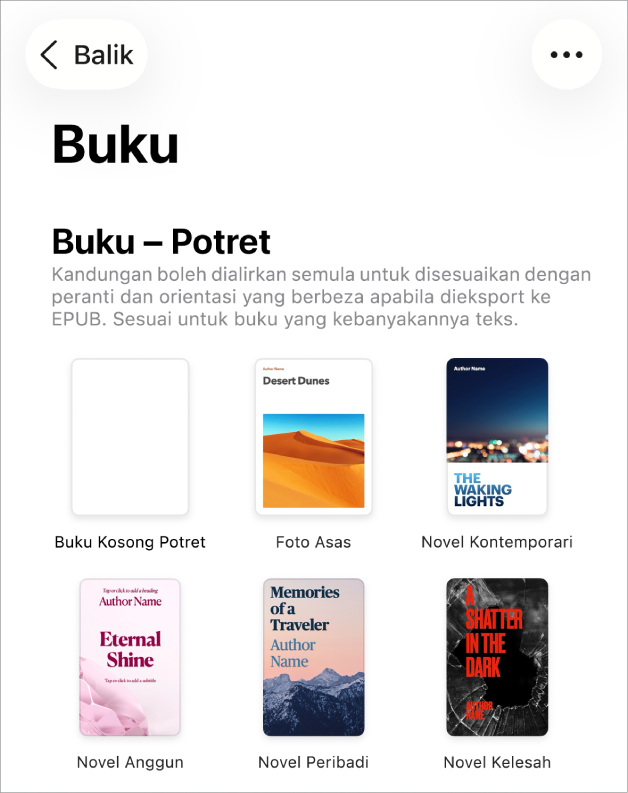 Pemilih templat dengan templat buku dalam orientasi potret di bahagian atas dan orientasi landskap di bahagian bawah.