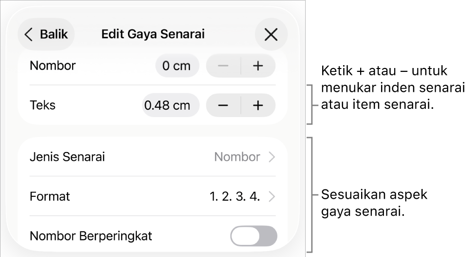 Menu Edit Gaya Senarai dengan kawalan untuk jarak inden, jenis dan format senarai, nombor berperingkat dan jarak baris.