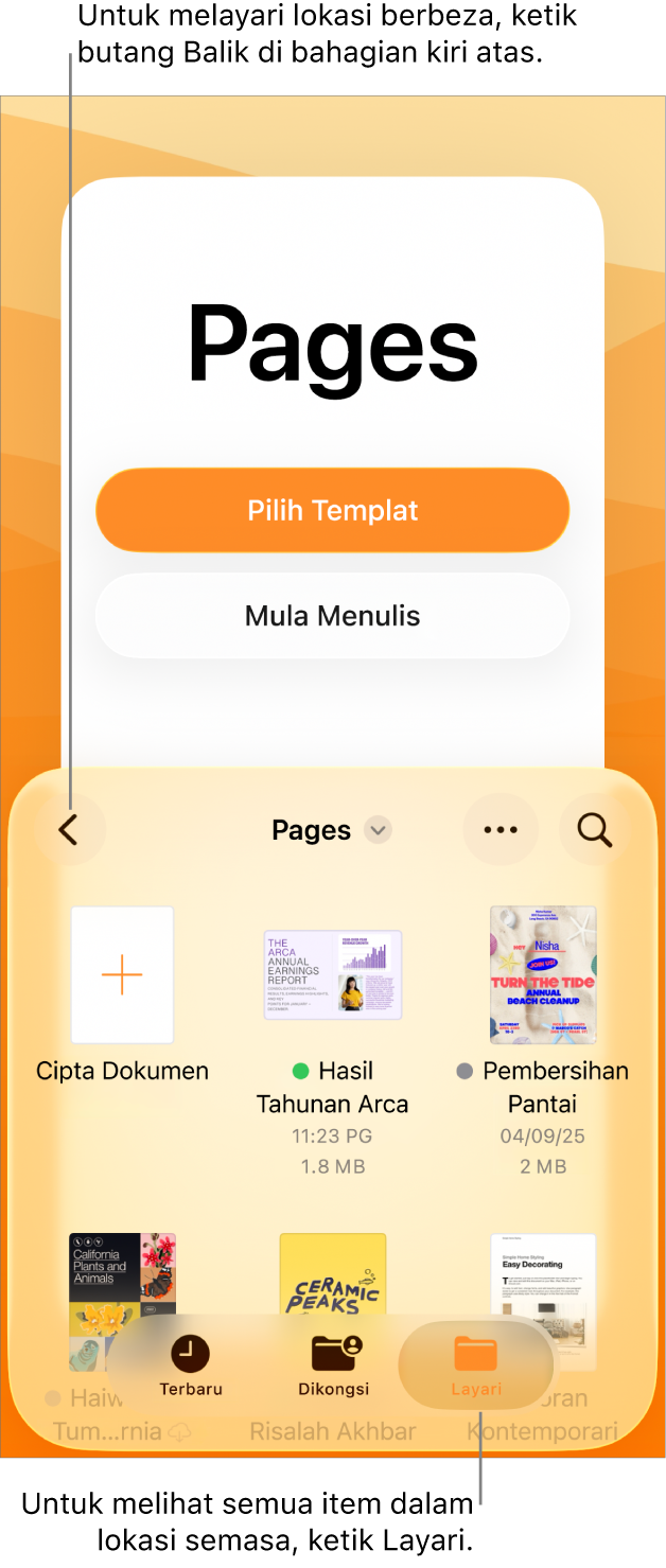 Paparan pelayar pengurus dokumen dengan butang Balik di penjuru kiri atas dan di bawahnya ialah medan Carian. Di bawah medan Carian ialah butang Cipta Dokumen di sebelah imej kecil untuk dokumen sedia ada. Di penjuru kanan atas ialah butang Tambah Dokumen dan butang Lagi. Di bahagian bawah skrin ialah butang Terbaru, Dikongsi dan Layari.