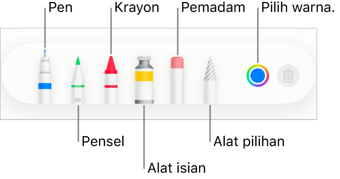 Bar alat melukis dalam Pages pada iPhone dengan pen, pensel, krayon, alat isian, pemadam, alat pilihan dan perigi warna menunjukkan warna semasa.