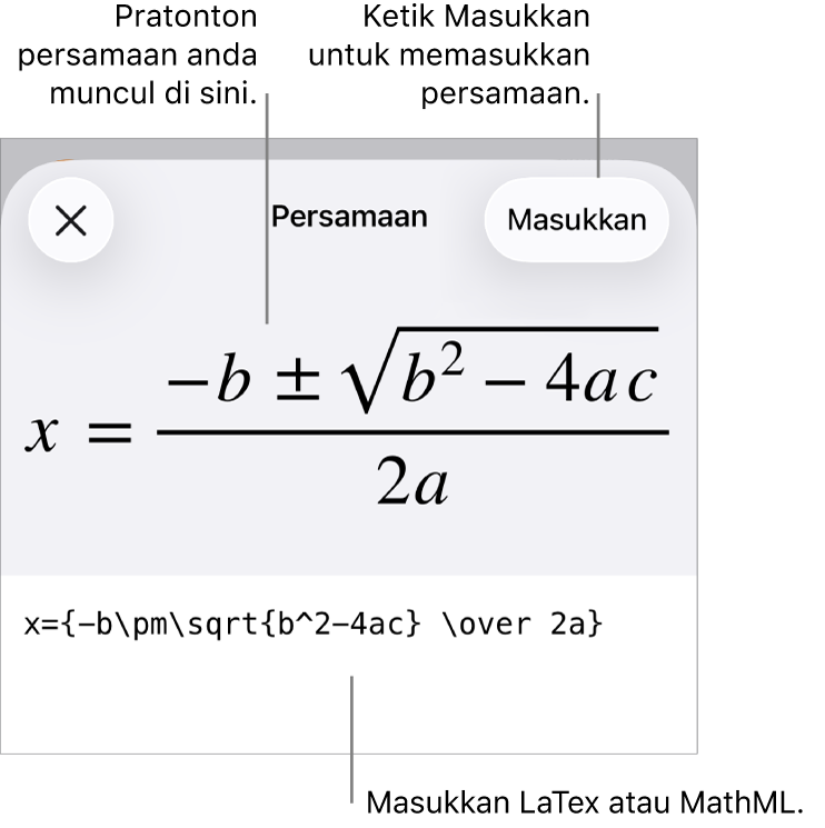 Dialog Persamaan, menunjukkan persamaan yang ditulis menggunakan perintah MathML manakala pratonton formulanya di atas.