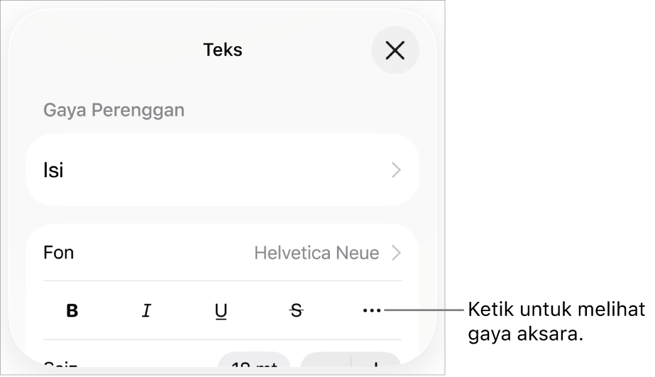 Kawalan Format dengan butang Tebal, Italik, Garis Bawah, Garis Potong dan Lebih Banyak Pilihan Teks.