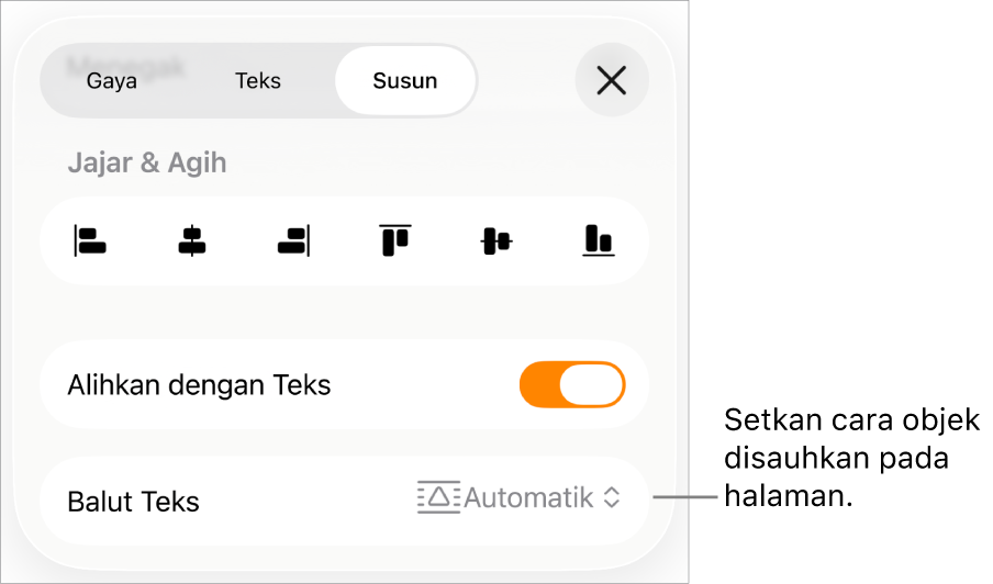 Kawalan Susun dengan Alihkan dengan Teks dan Balut Teks.